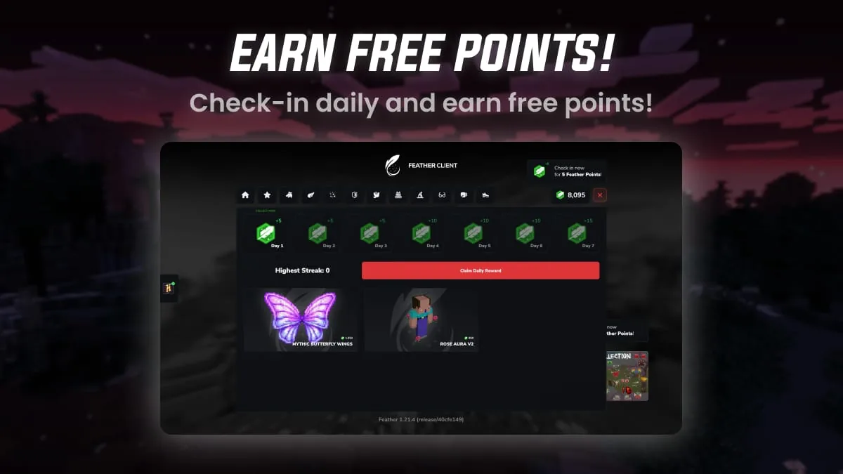 Feather Pointsを付与する旧Feather Client公式毎日報酬画面