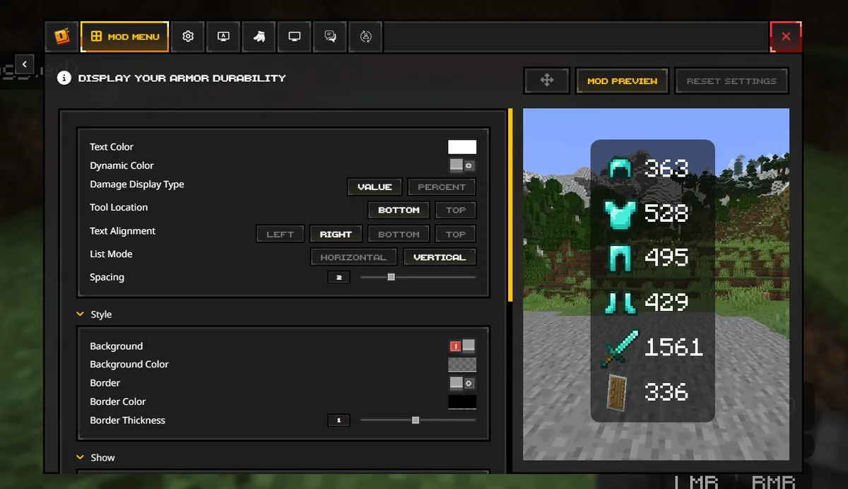 Official Dawn armor status module visible in Minecraft