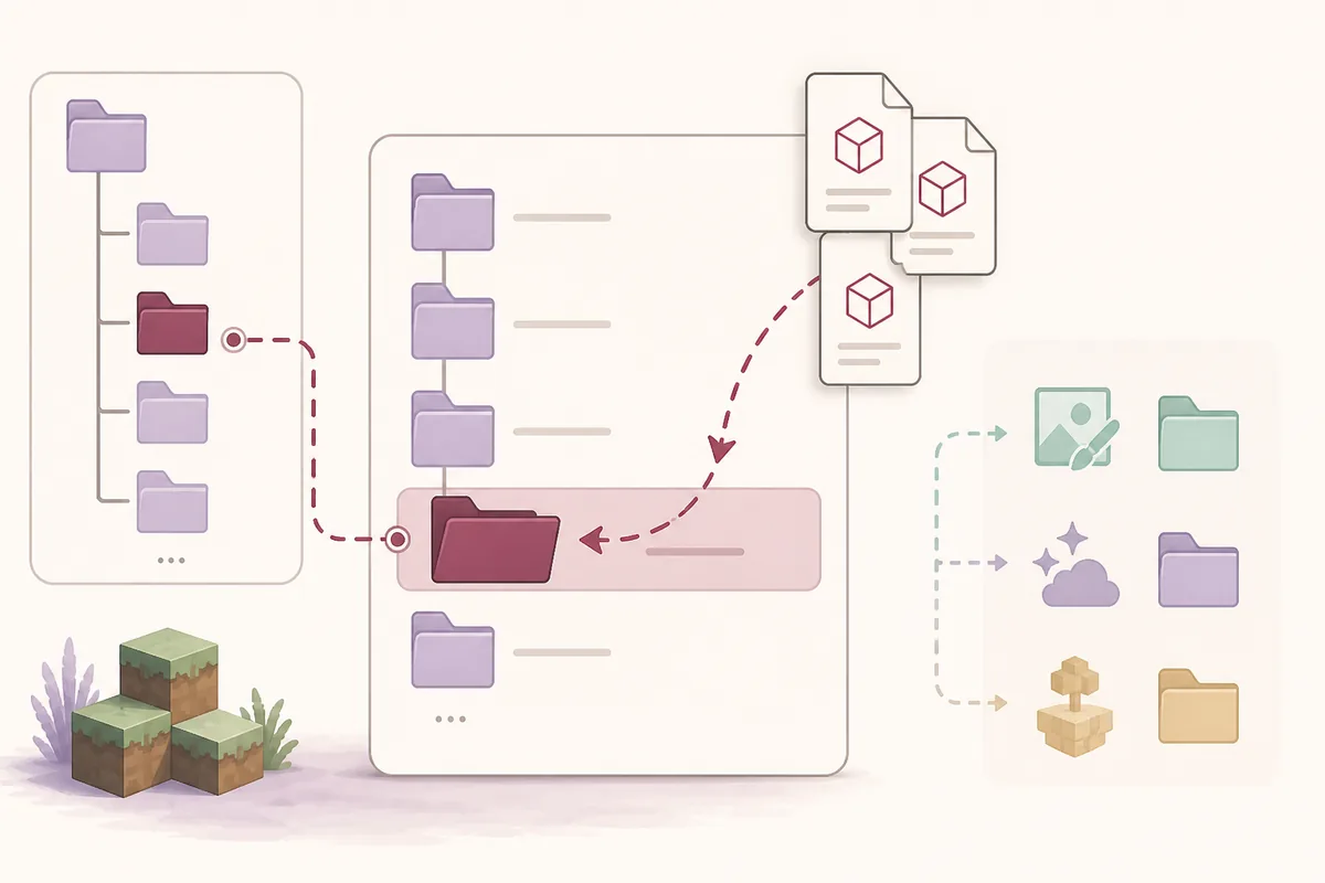 Editorial workflow illustration showing profile, folder, mods, and launch checks