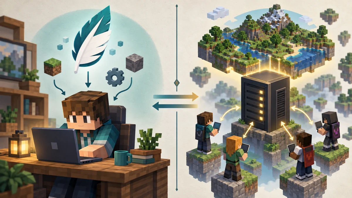 Confronto editoriale tra il flusso del client Feather di un giocatore e un server Minecraft che possiede il mondo