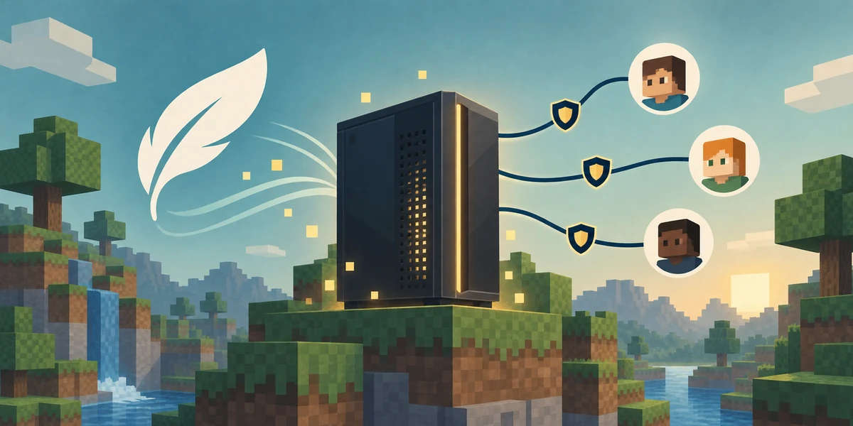 Illustrazione editoriale di un utente Feather Client che ospita un server Minecraft dal proprio PC