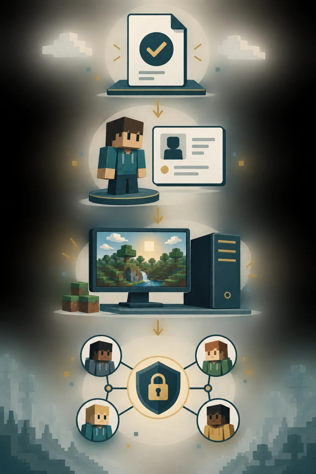 Flusso editoriale dalla verifica della fonte all'hosting di un mondo Minecraft e alla connessione degli amici
