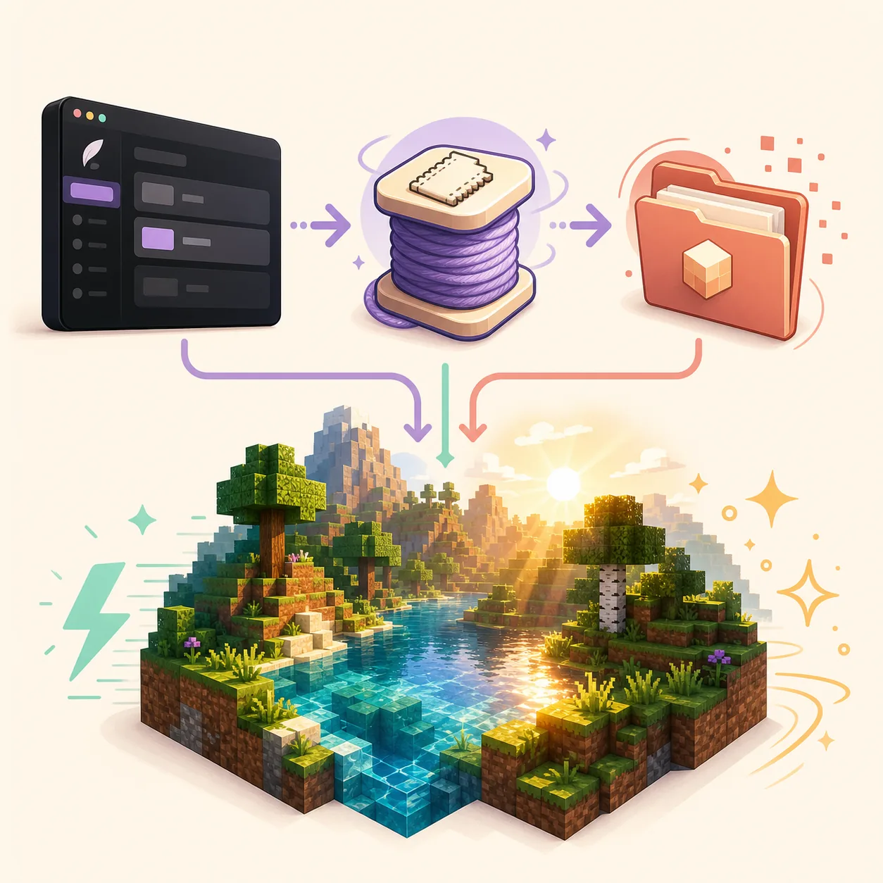 Editorial concept showing a client profile, shader loader, shader folder, and Minecraft world